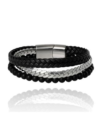 Men s 3 Row Leather, Chain & Bead Bracelet, Black, Magnetic Clasp - 8.5''