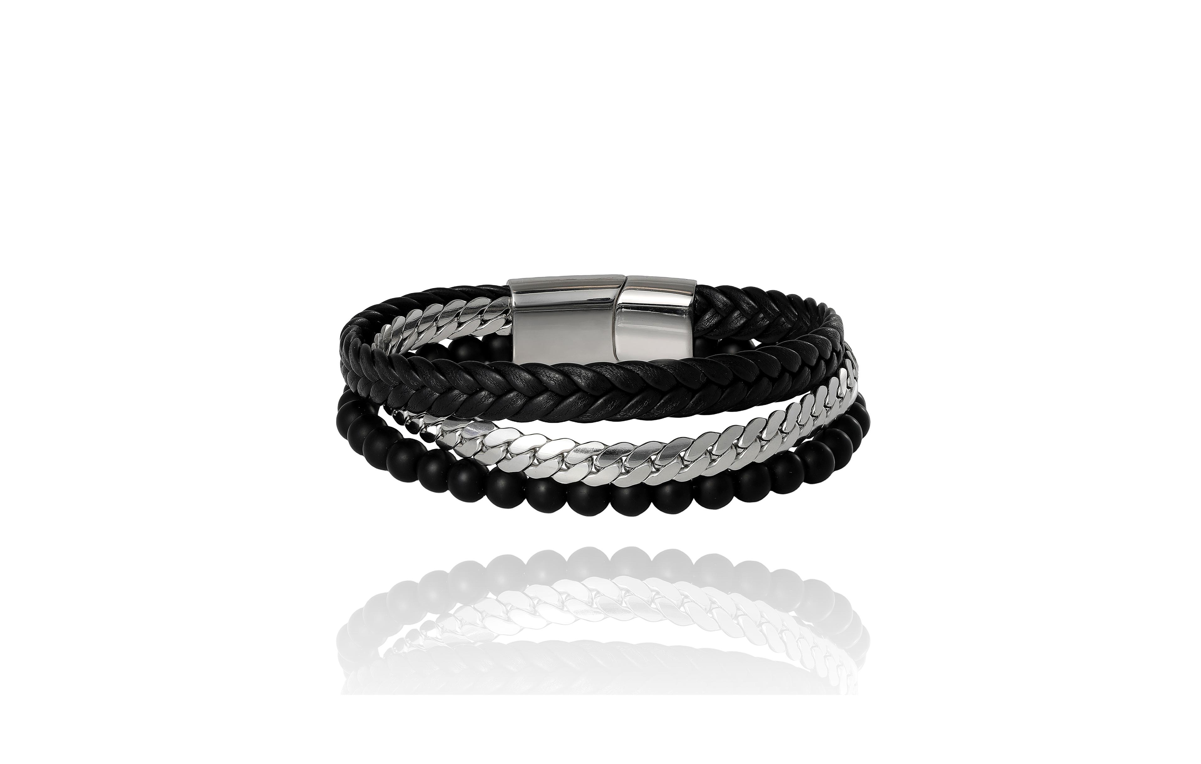 Lucky Brand Men s 3 Row Leather, Chain & Bead Bracelet, Black, Magnetic Clasp - 8.5''