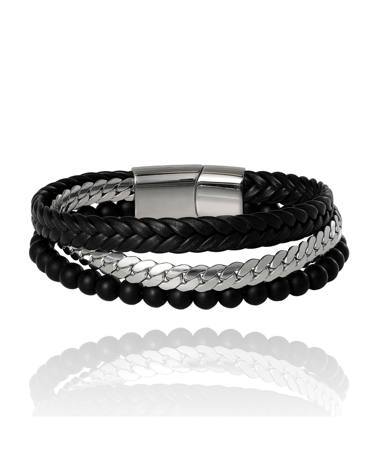 Men’s 3-Row Chain and Bead Bracelet, Black, Magnetic Clasp - 8.5''