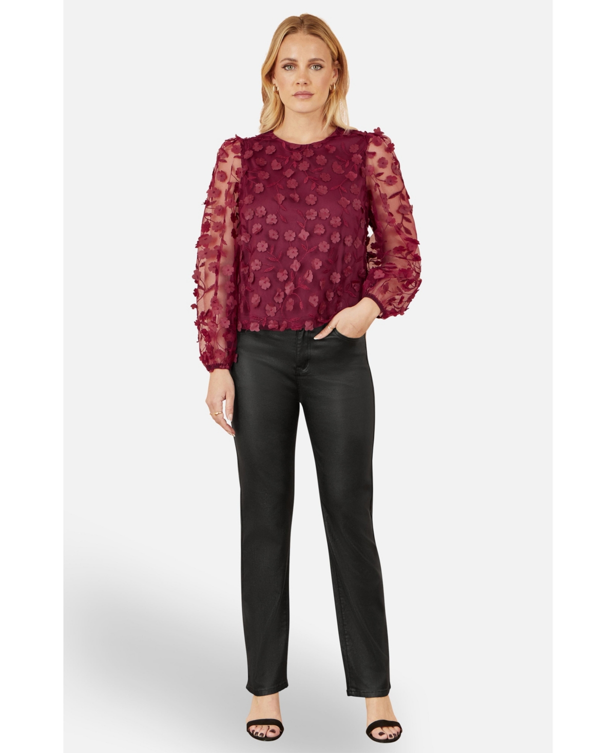 Yumi Women's Long Sleeve Sheer Floral Top