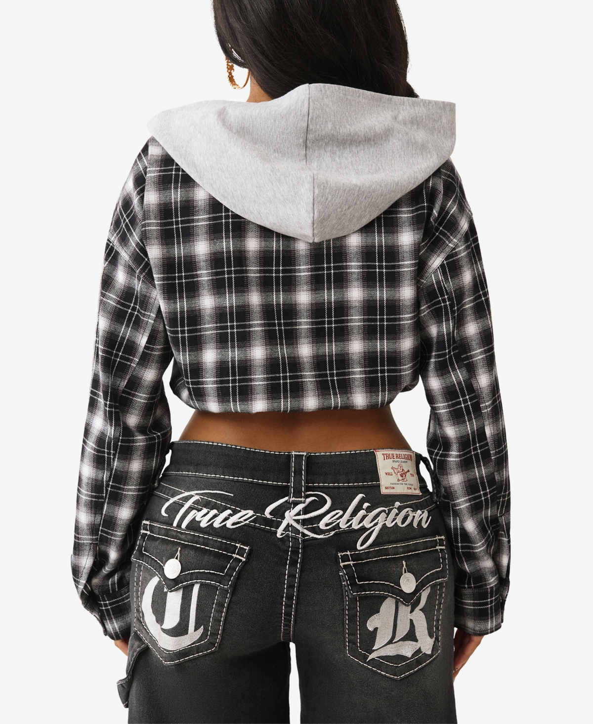 True Religion Plaid Zip Crop Hoodie In Black
