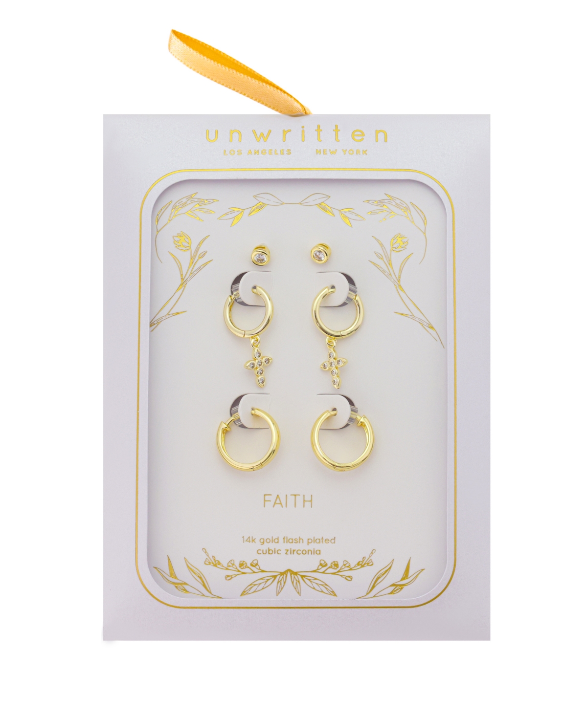 Unwritten Cubic Zirconia Bezel Post Stud, Cubic Zirconia Cross Endless Hoop Endless Hoop 3 Pairs Earring Set In Gold