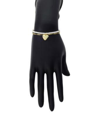 Gold Heart Glass Cultivated Pearls Beads Twist Chain Double Strand Bolo Bracelet