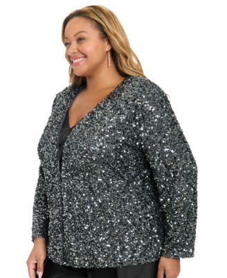 Plus Size V-Neck Sequin Long-Sleeve Jacket