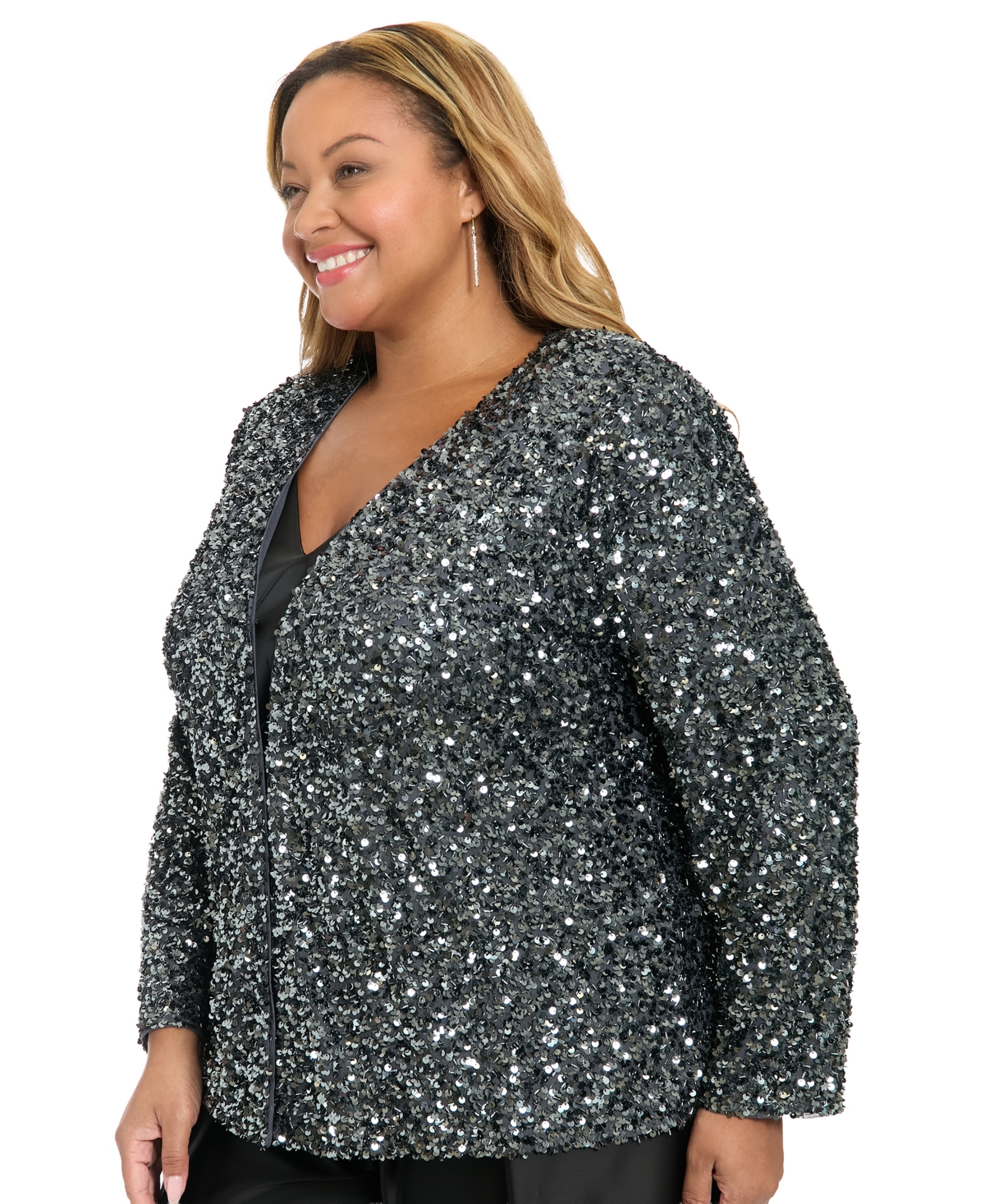 Muse Plus Size V-neck Sequin Long-sleeve Jacket In Multi