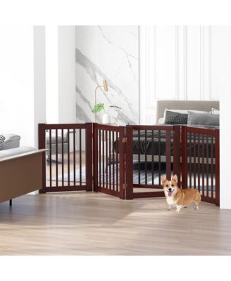 Freestanding Pet Gate 30'' Tall 4-Panel Wooden Dog Fence Solid Wood Foldable
