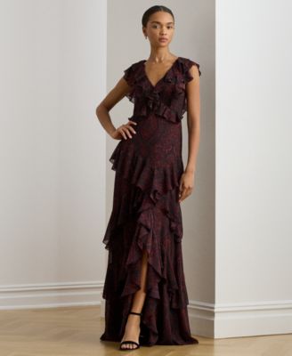 Women's Paisley Ruffle-Trim Georgette Gown