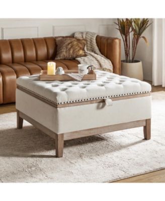 Upholstered Storage Cocktail Ottoman with Solid Wood Legs
