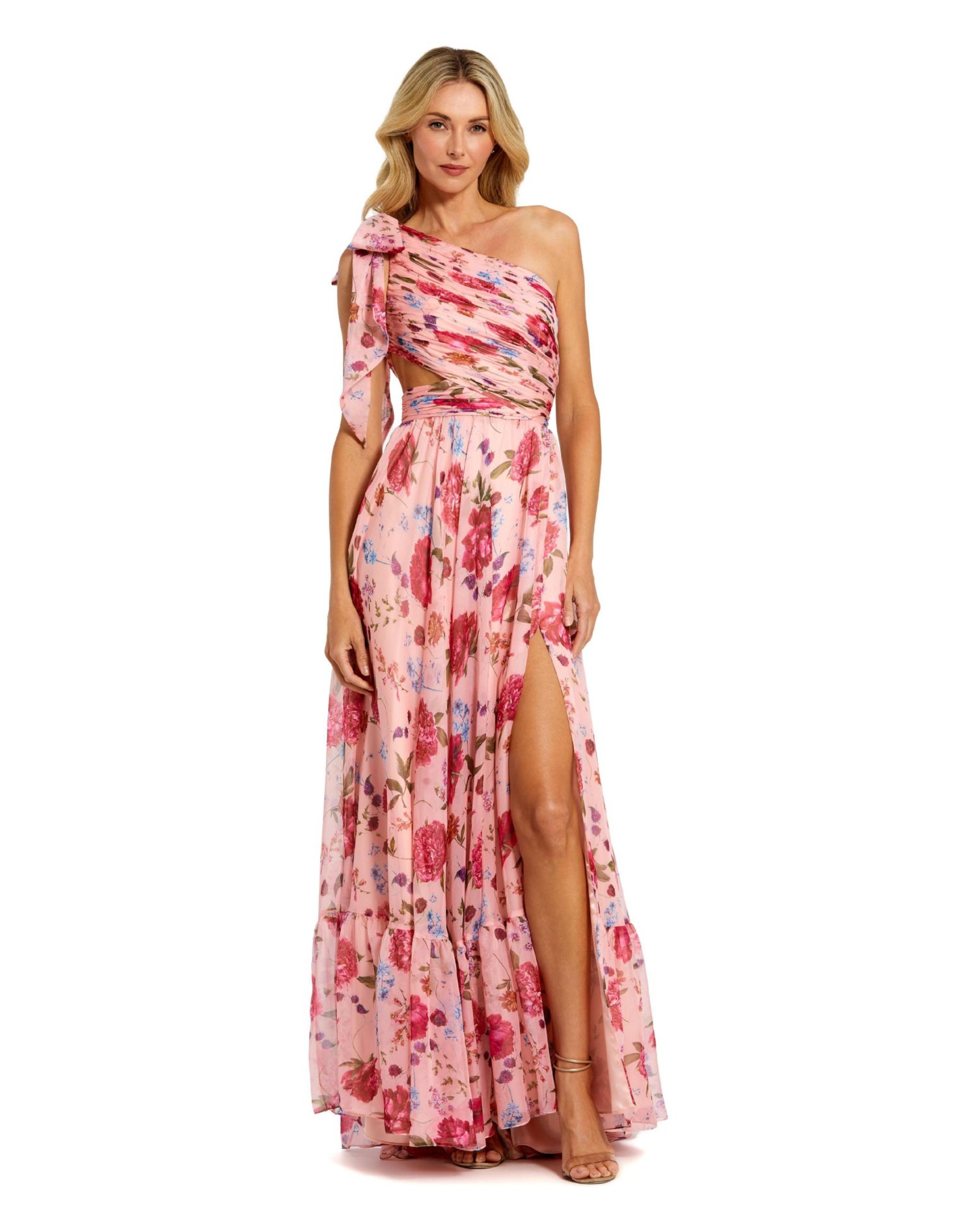 Women's One Shoulder Floral Gown with Side Cutout
