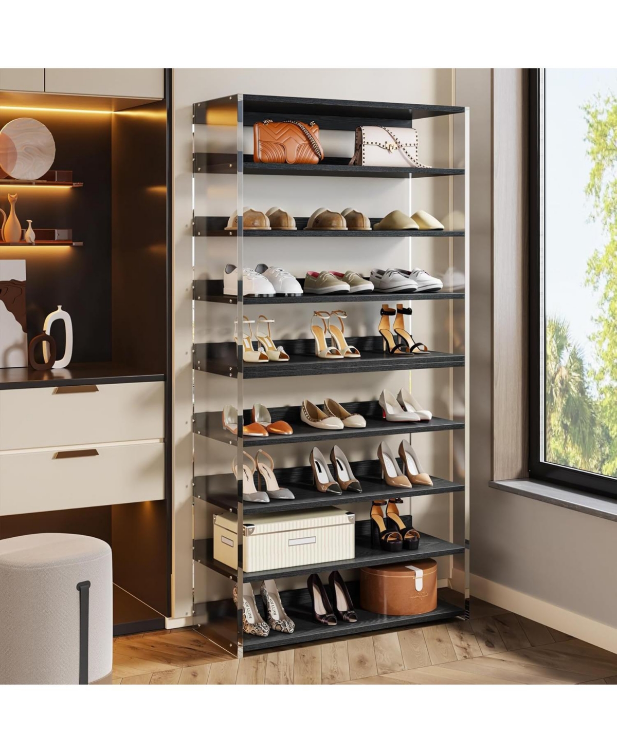 Tribesigns 8-Tier Acrylic and Wood Shoe Rack with Modern Storage Design