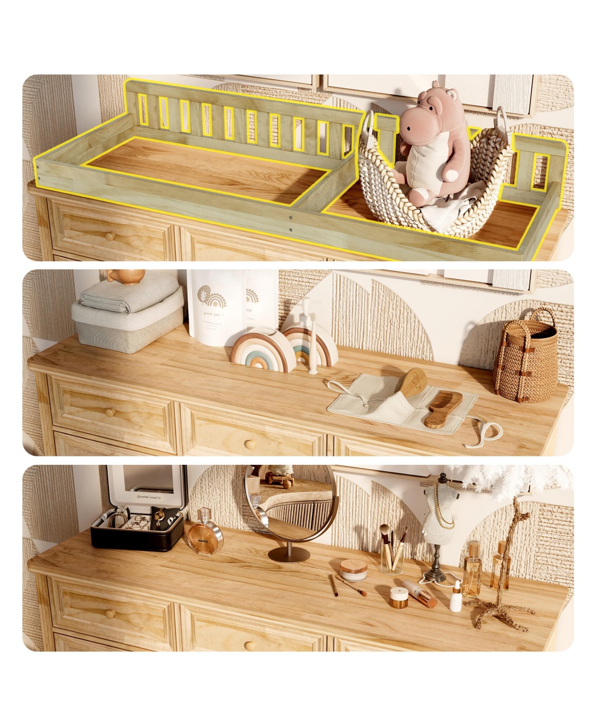 Homsee Solid Wood Changing Table with 9 Drawers and Guardrails，Chest of Drawers