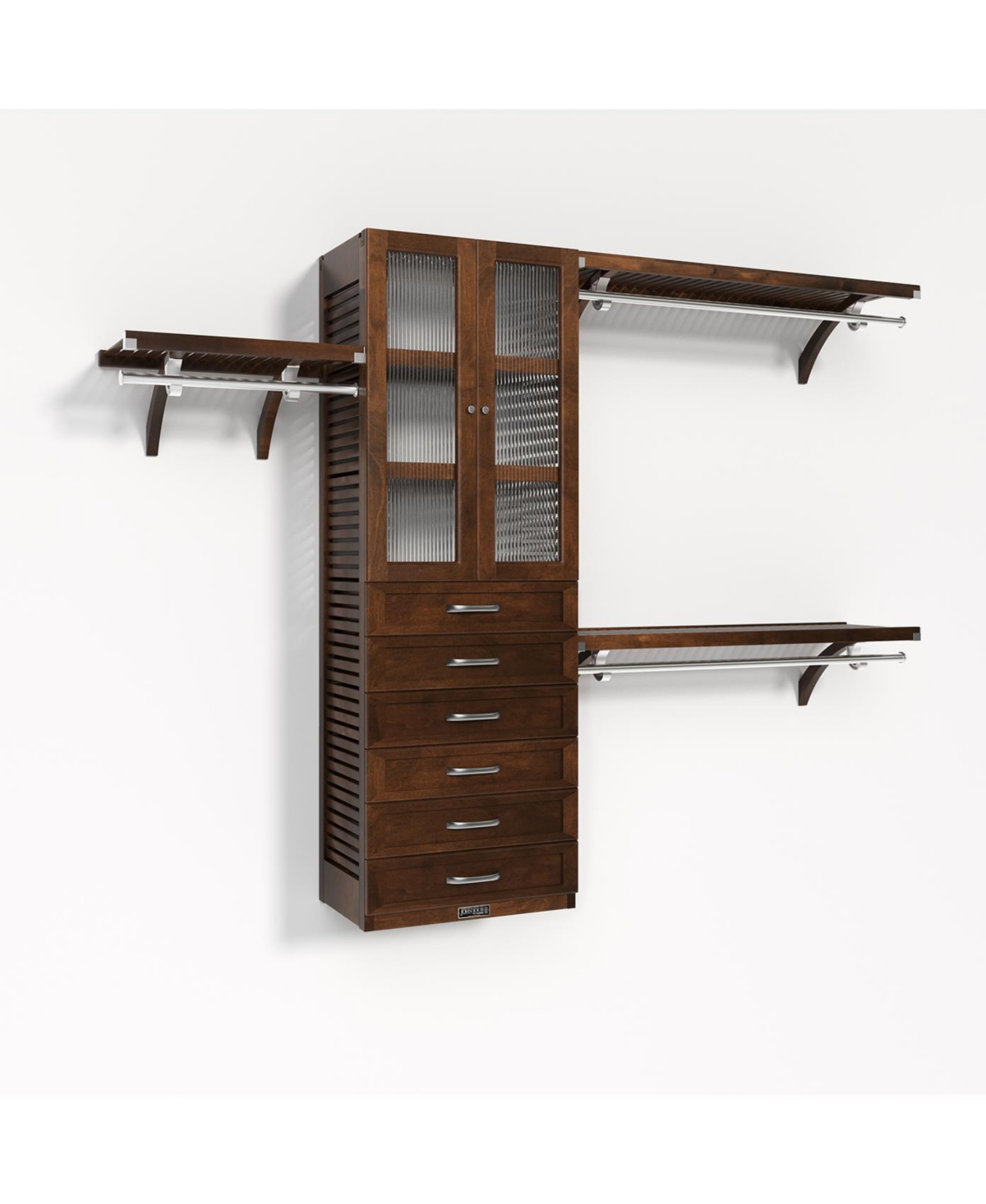 Solid Wood Walk-In Closet Organizer with 6 Shaker Style Drawers and Glass Doors