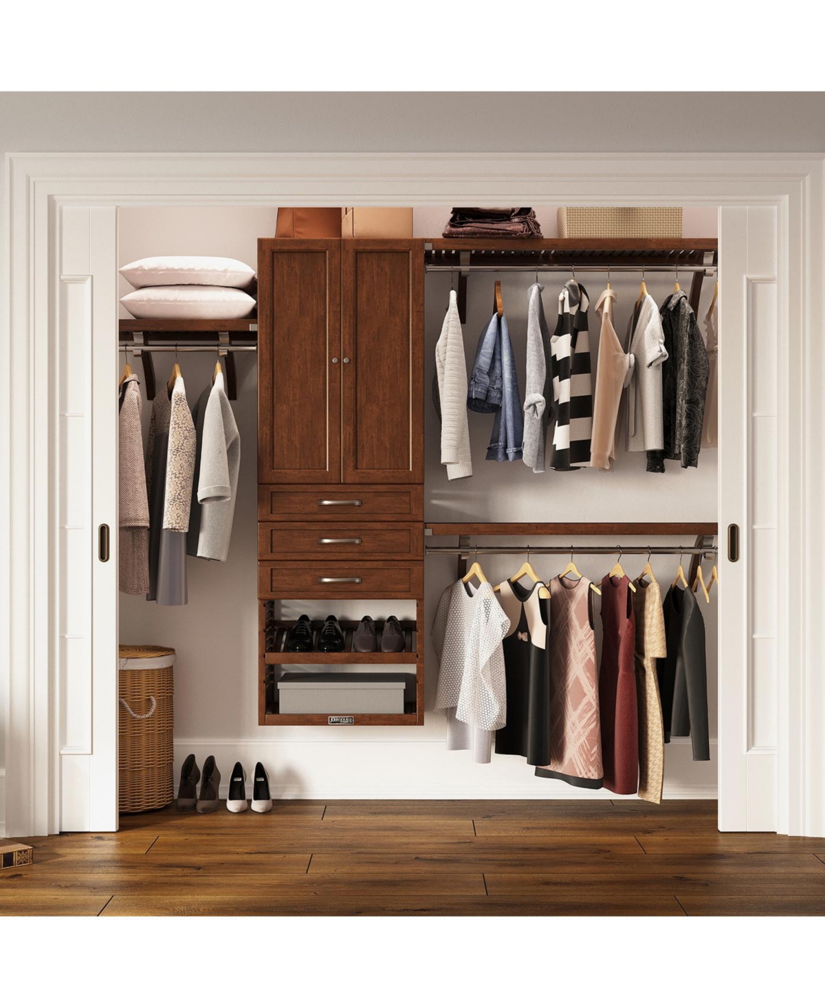 Solid Wood Reach-In Closet Organizer with 3 Shaker Style Drawers and Doors