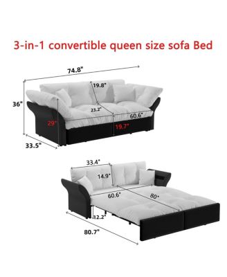 74.8" Queen Size Pull Out Sofa Bed, 3-in-1 Convertible Velvet Loveseat Sleeper with 2 Pillows for Living Room or Guest Room