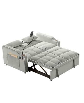 2-Seater Sofa Bed with Pull Out Sleeper, USB & Type-C Charging, Adjustable Backrest, Modern Velvet Loveseat for Small Spaces