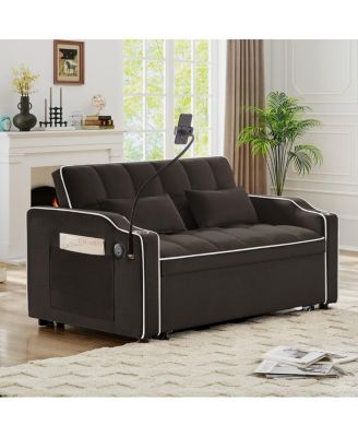 2-Seater Sofa Bed with Pull Out Sleeper, USB & Type-C Charging, Adjustable Backrest, Modern Velvet Loveseat for Small Spaces