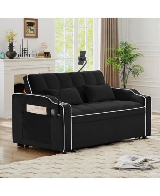 2-Seater Sofa Bed with Pull Out Sleeper, USB & Type-C Charging, Adjustable Backrest, Modern Velvet Loveseat for Small Spaces