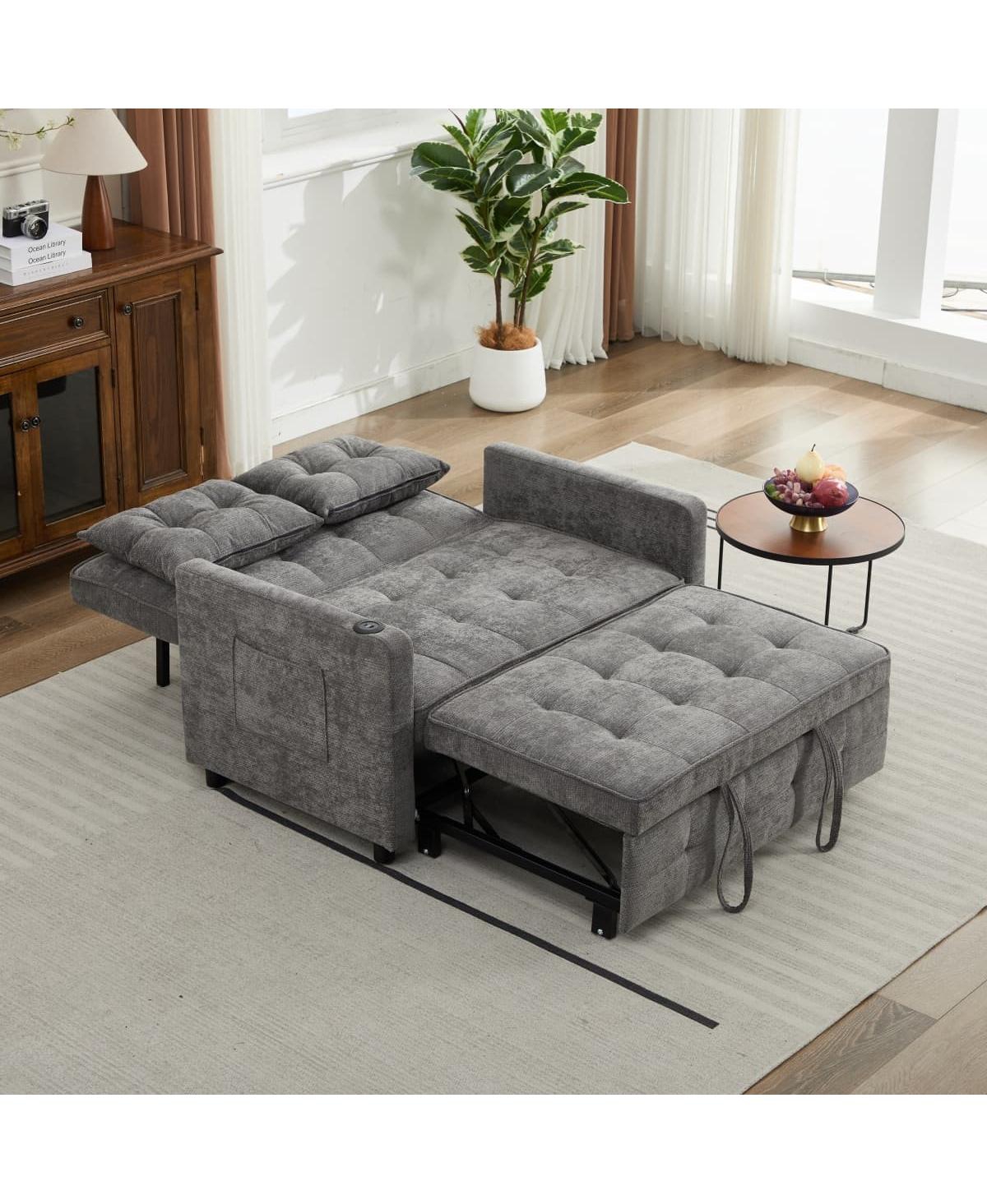 Linen Sleeper Sofa Bed, 2-Seater Pull Out with Cup Holder, Usb Charging, Multi-Position Back for Apartment or Guest Room-Maison Boucle
