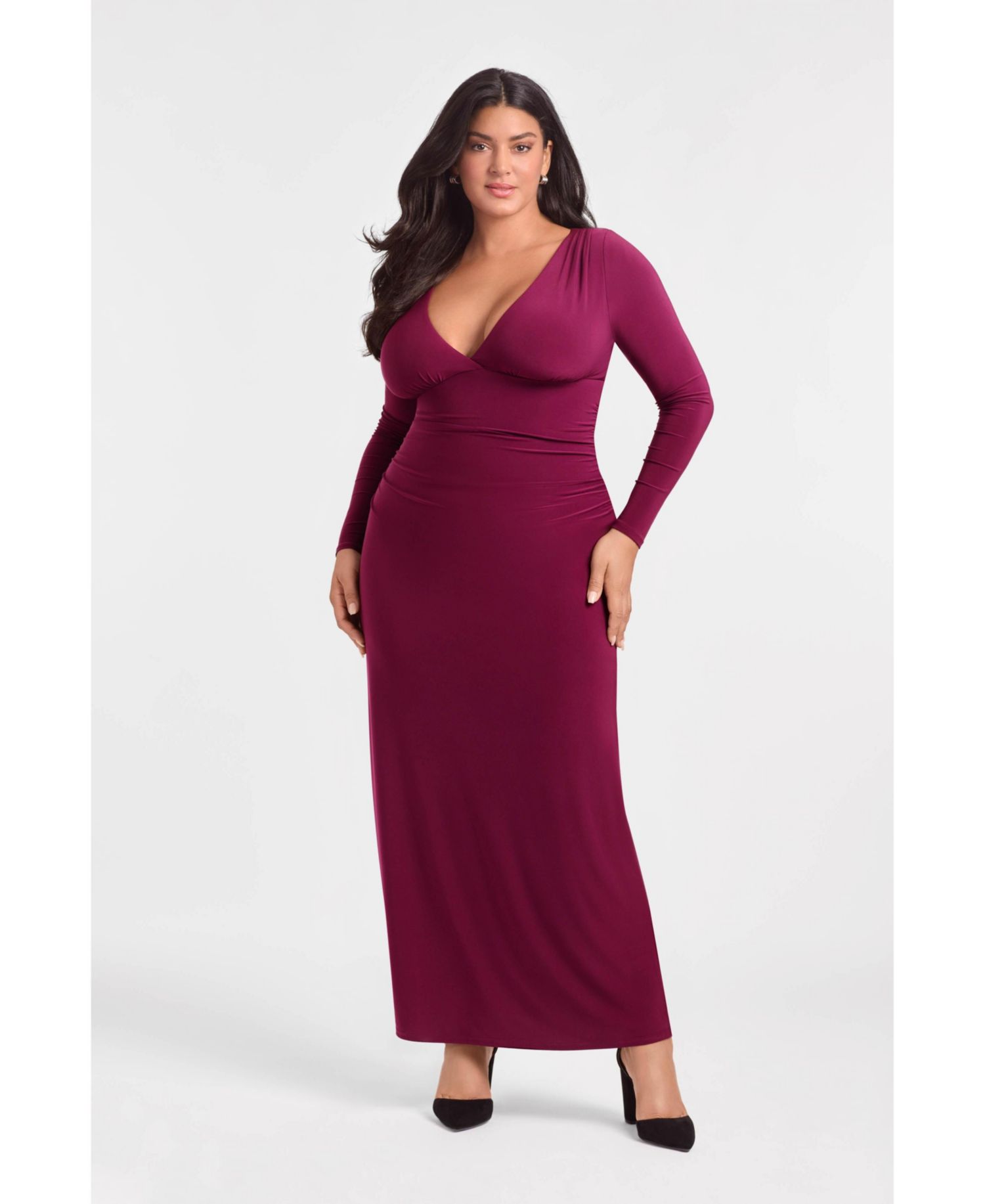 Women's Sculpting Shapewear Shirred V-Neck Long Sleeve Solid Maxi Dress