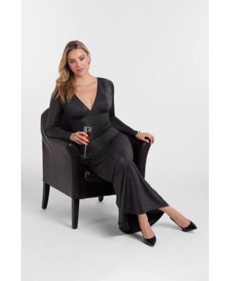 Women's S3 Sculpting Shapewear Shirred V-Neck Long Sleeve Metallic Maxi Dress