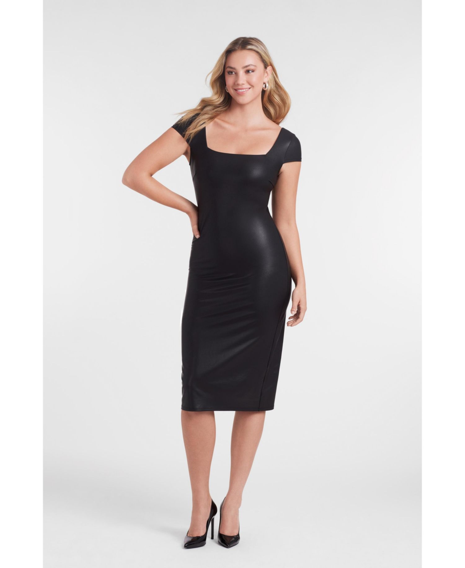 Women's Sculpting Shapewear Square Neck Cap Sleeve Faux Leather Midi Dress