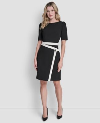 short sleeve boat neck color block scuba midi sheath dress DKNY Women's Short-Sleeve Jewel Neck Scuba Crepe Dress