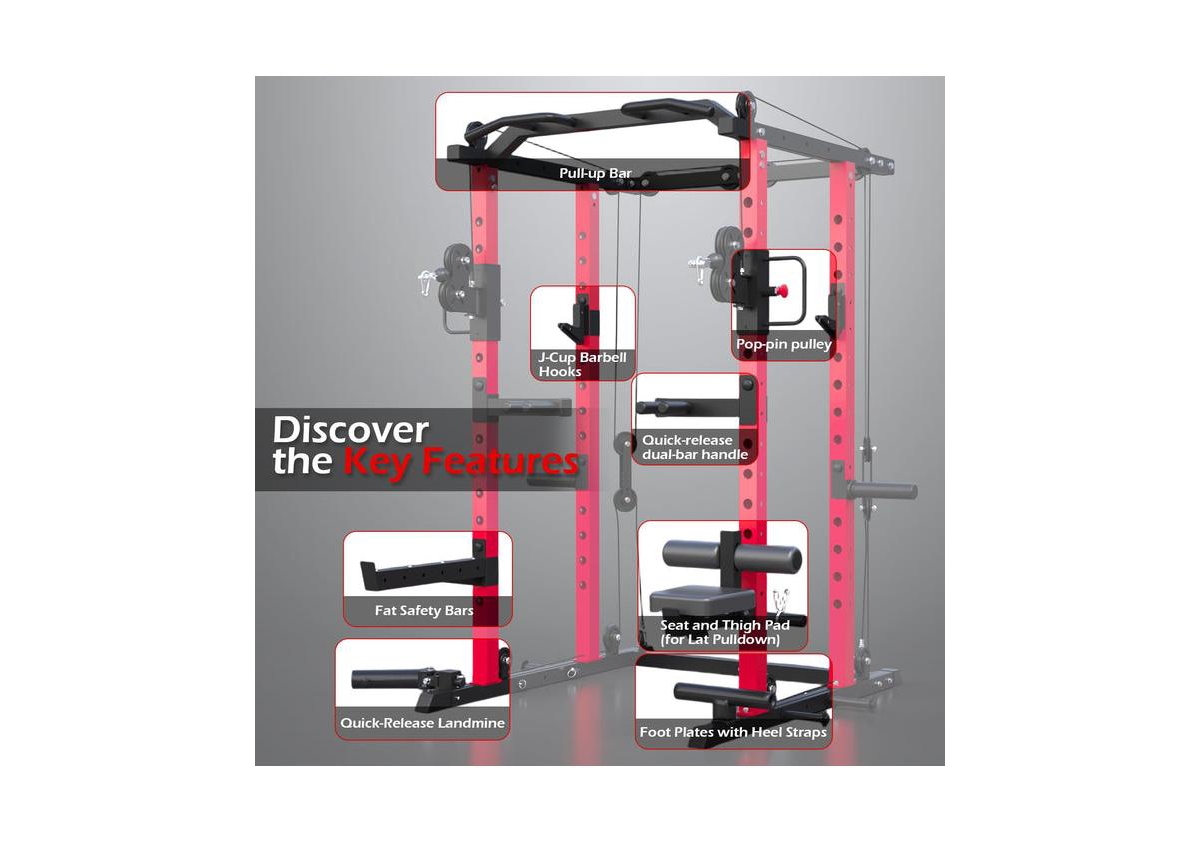 Aecojoy Power Cage Squat Rack with Optional Lat Pulldown, 2000lbs Weight Cable Machine with Pulley Workout System for Home Gym