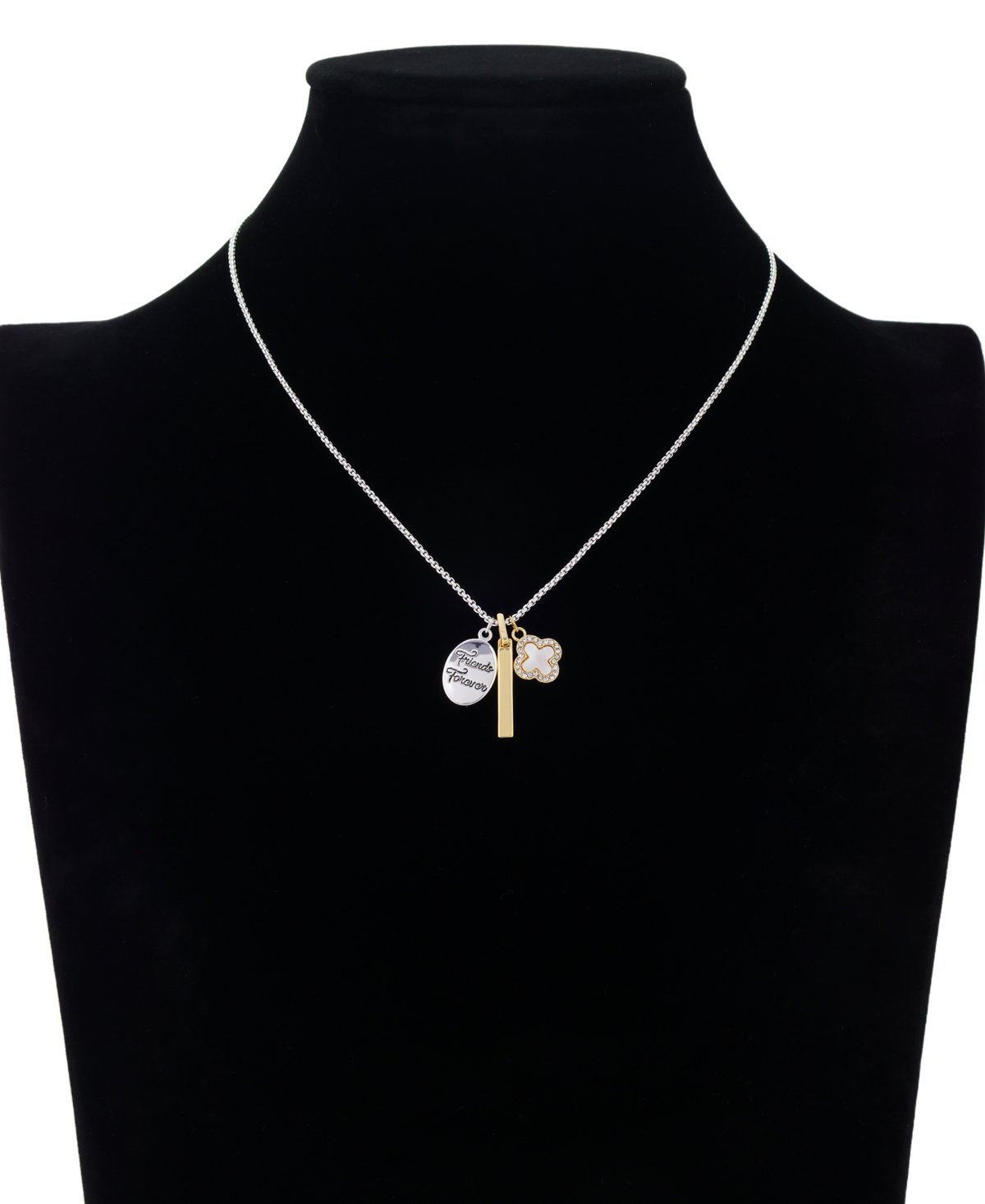 Unwritten Two Tone "friends Forever" Plain Bar Mother Of Pearl Inlay W/crystal Clover Necklace With Extender In Metallic