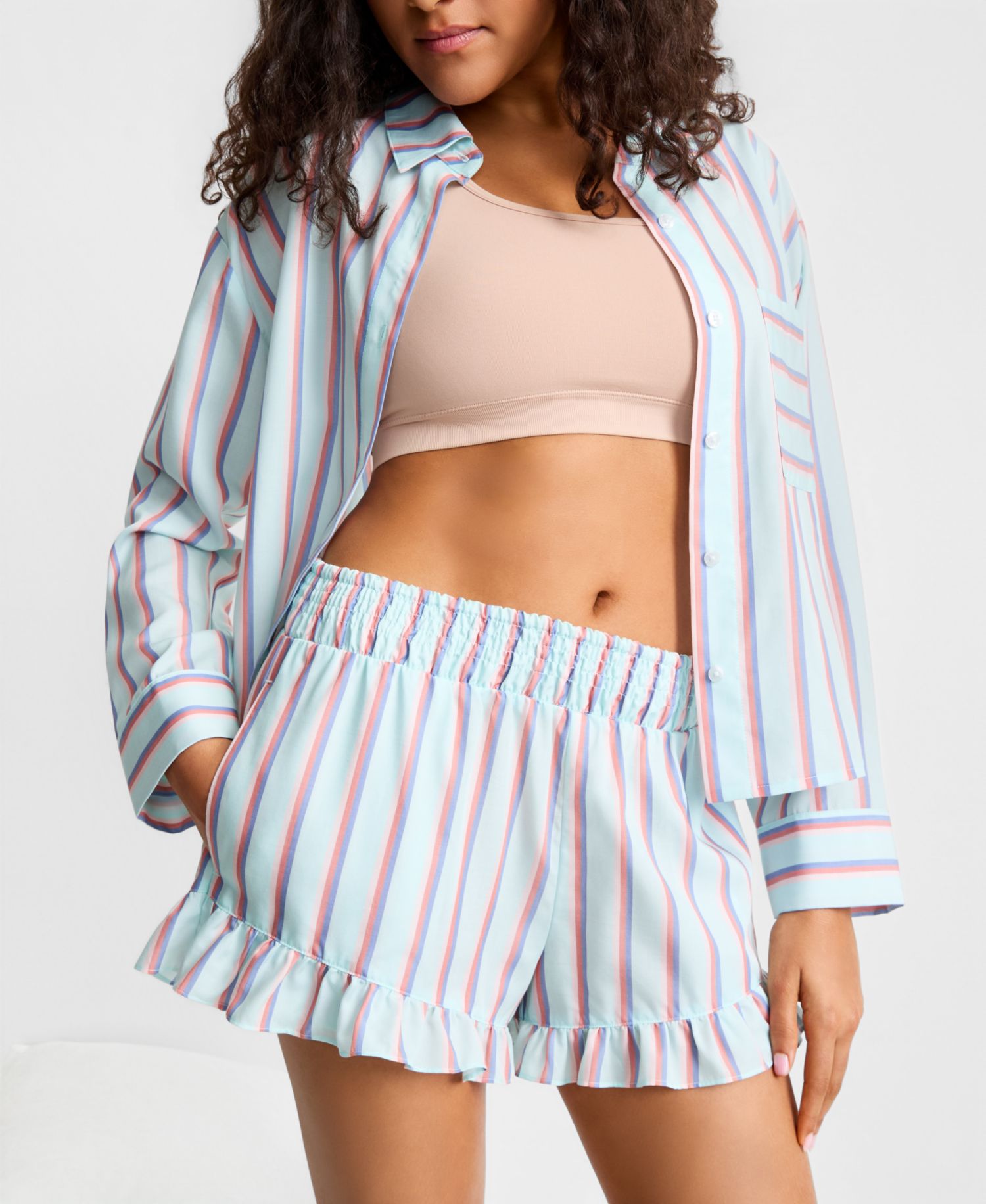 Women's Woven Top & Ruffle Shorts Pajamas, 2-Piece Set