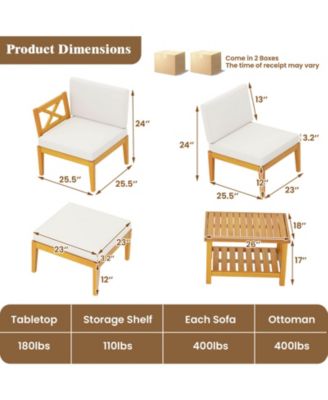 5 PCS Acacia Wood Patio Chaise Lounge Chair Set with 2-Tier Coffee Table Cushions