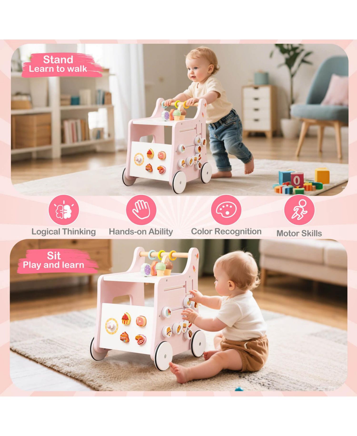 Wooden Baby Walker Ice Cream Cart Toy with Sweet Accessories & Smooth Wheels
