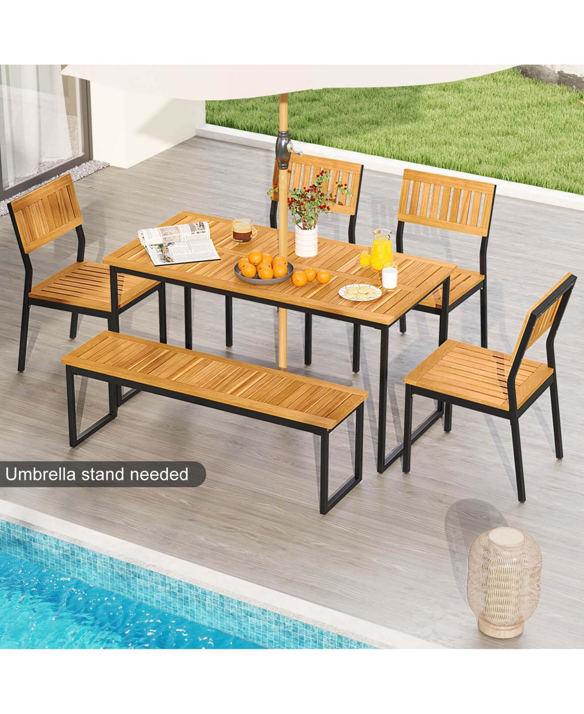 Costway 6 Pcs Outdoor Acacia Wood Dining Set with Bench and 2" Umbrella Hole Outdoor Patio