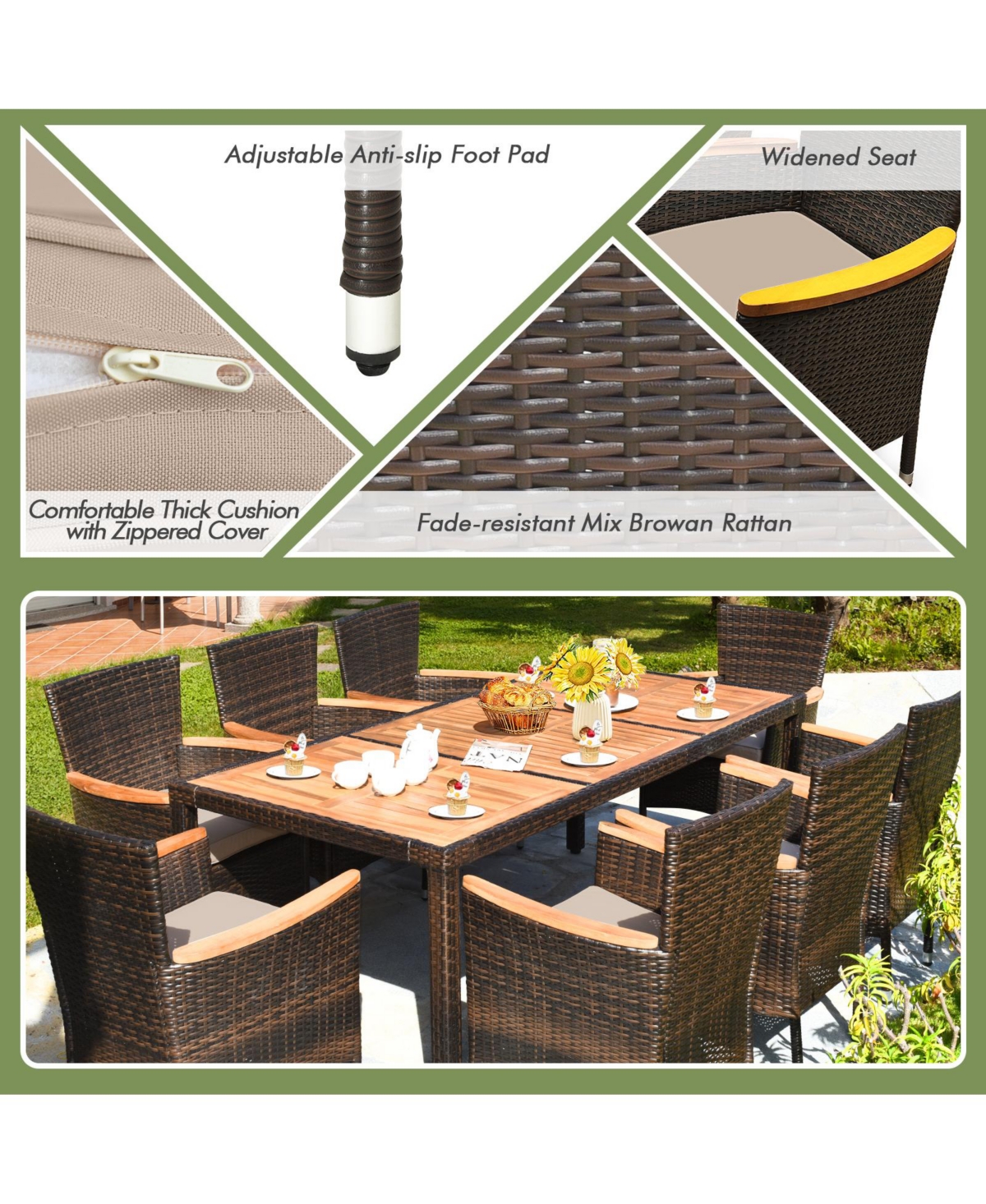 Costway 9PCS Patio Wicker Dining Set Acacia Wood Table Top Umbrella Hole Cushions Chairs