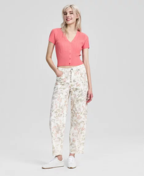 Petite Floral-Printed Barrel Jeans - Sand