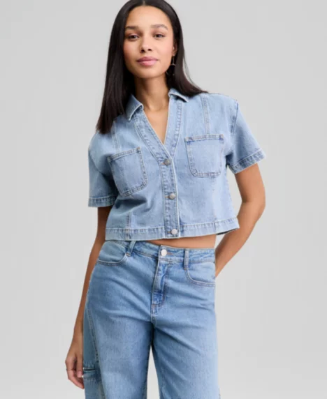 Petite Short-Sleeve Denim Shirt - Alonzo