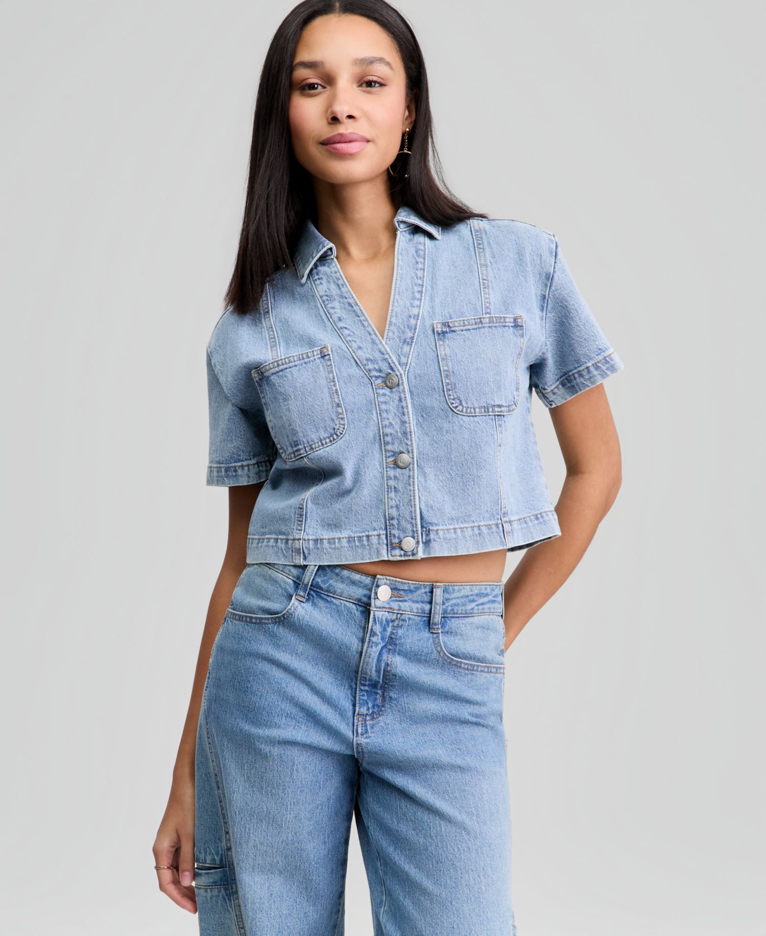 Petite Short-Sleeve Denim Shirt