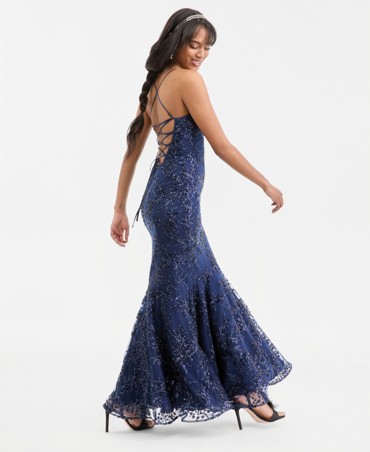 Violet Weekend Juniors' Floral Sequin Embellished Mesh Gown