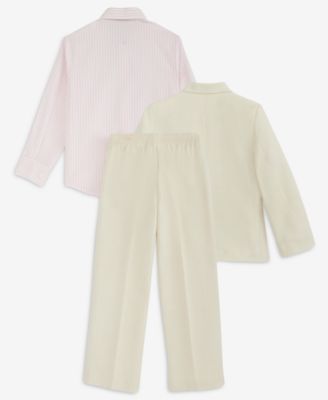 Boys' 2T-7 Khaki Linen Notch Collar Suit Jacket, Pants, Long-Sleeve Stripe Shirt & Plaid Necktie, 4-Piece Set