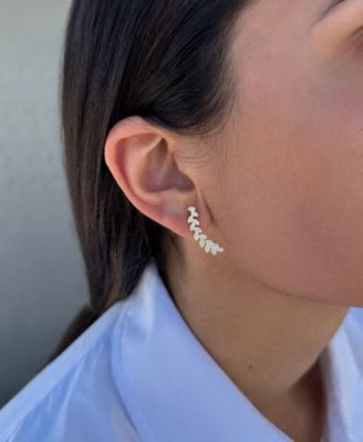 Gold CZ Curved Leaf Drop Earrings