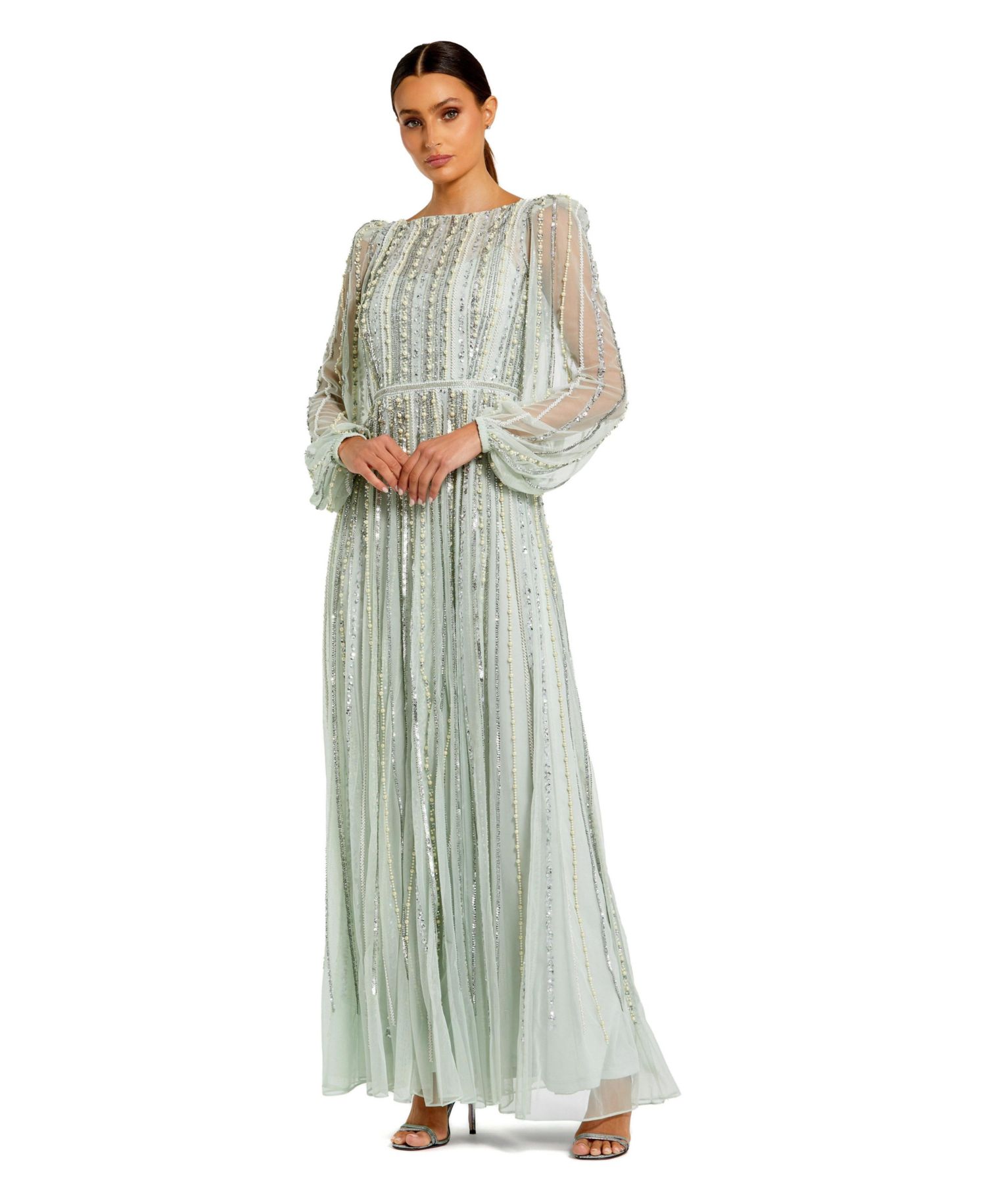 Women's Embellished Long Sleeve A-Line Evening Gown