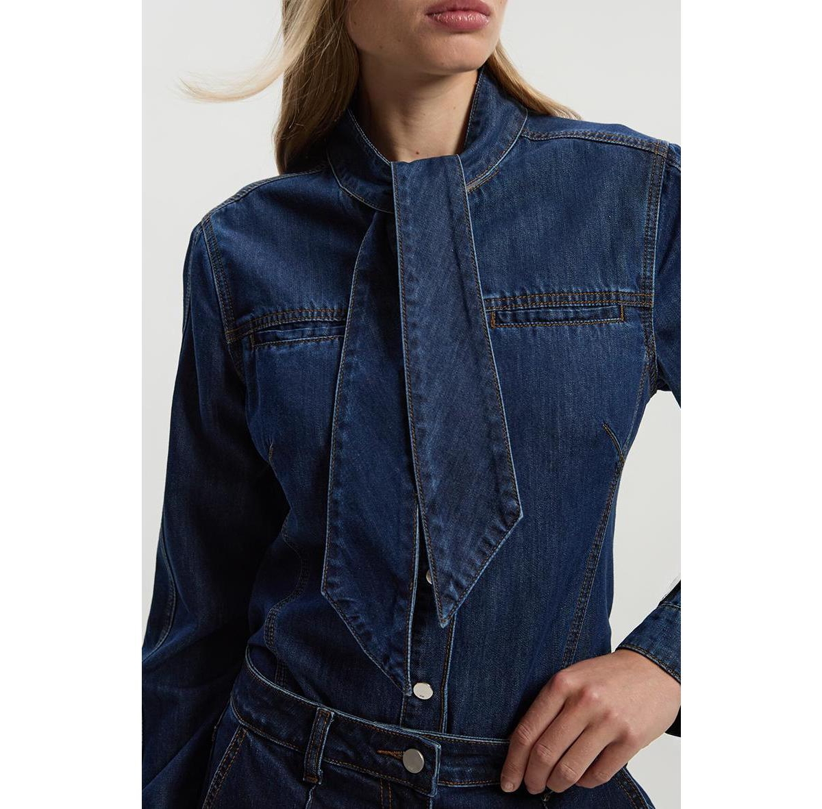 Karen Millen Women's Denim Pussybow Blouse