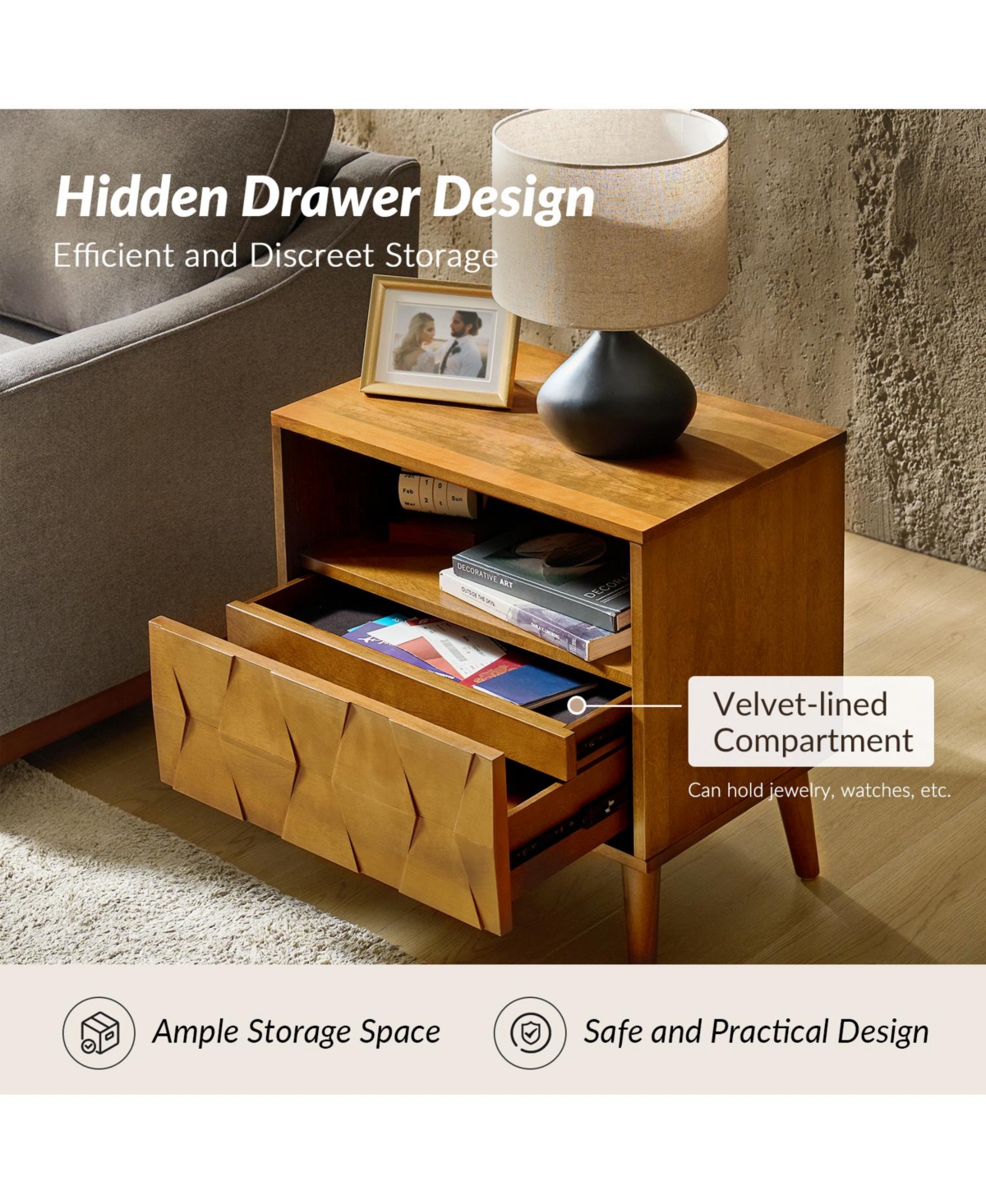 Zenaida Mid-century Modern Nightstand with Charging Ports and Hidden Drawer