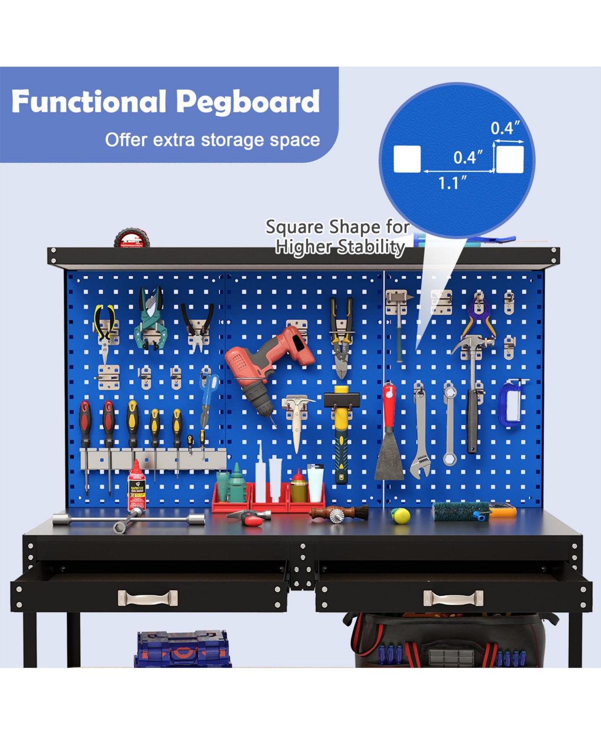 48 x 24 Inch Workbench Work Table with 3 PCs Pegboard Drawer and Shelves-Navy