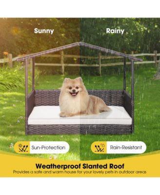 Outdoor Wicker Dog House with Weatherproof Roof-White