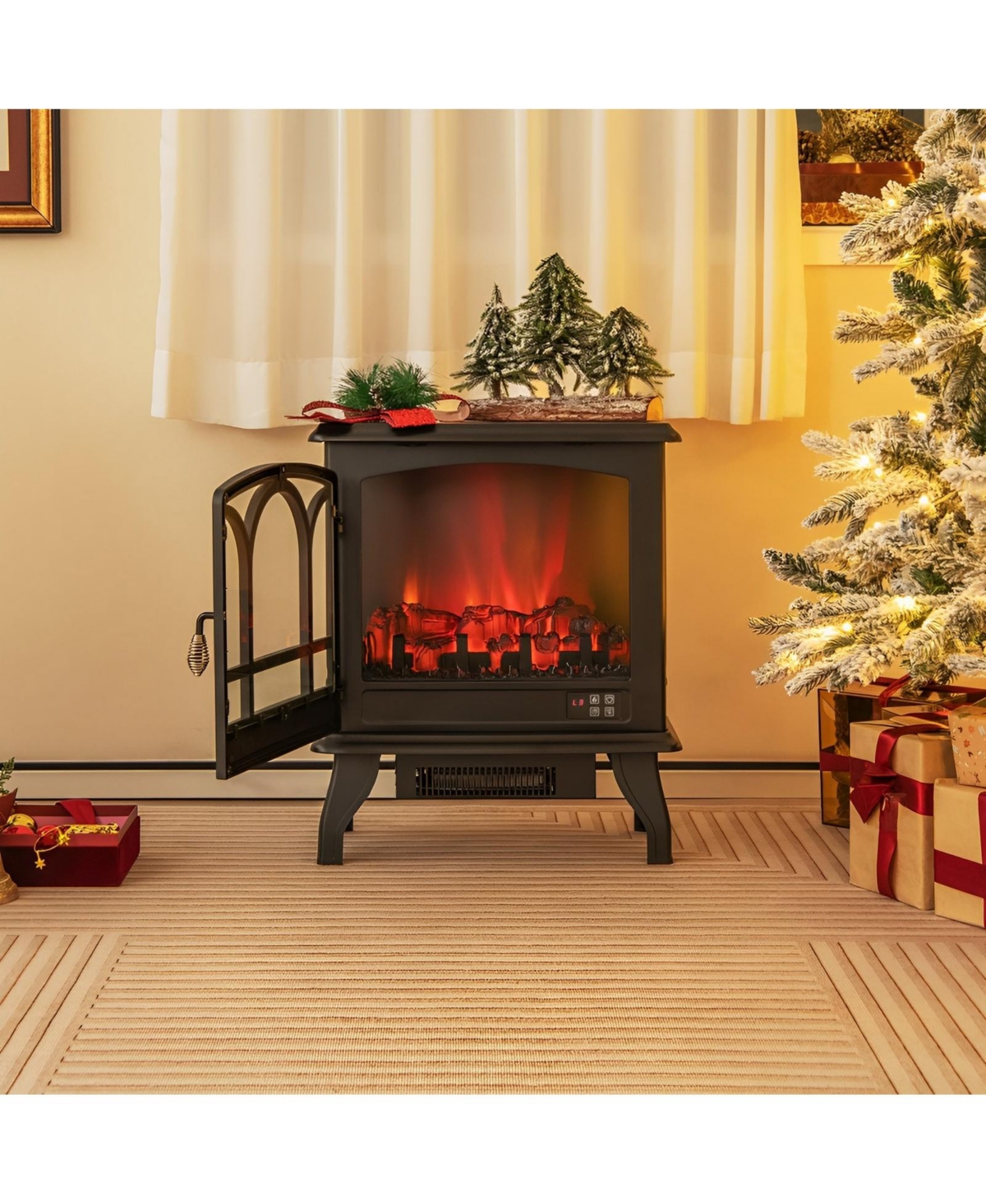 Sugift 1400W Electric Stove Heater with 3-Level Flame Effect and 3-Sided View-Black