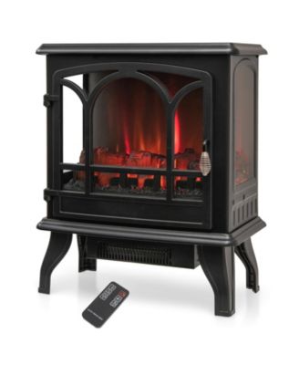 1400W Electric Stove Heater with 3-Level Flame Effect and 3-Sided View-Black