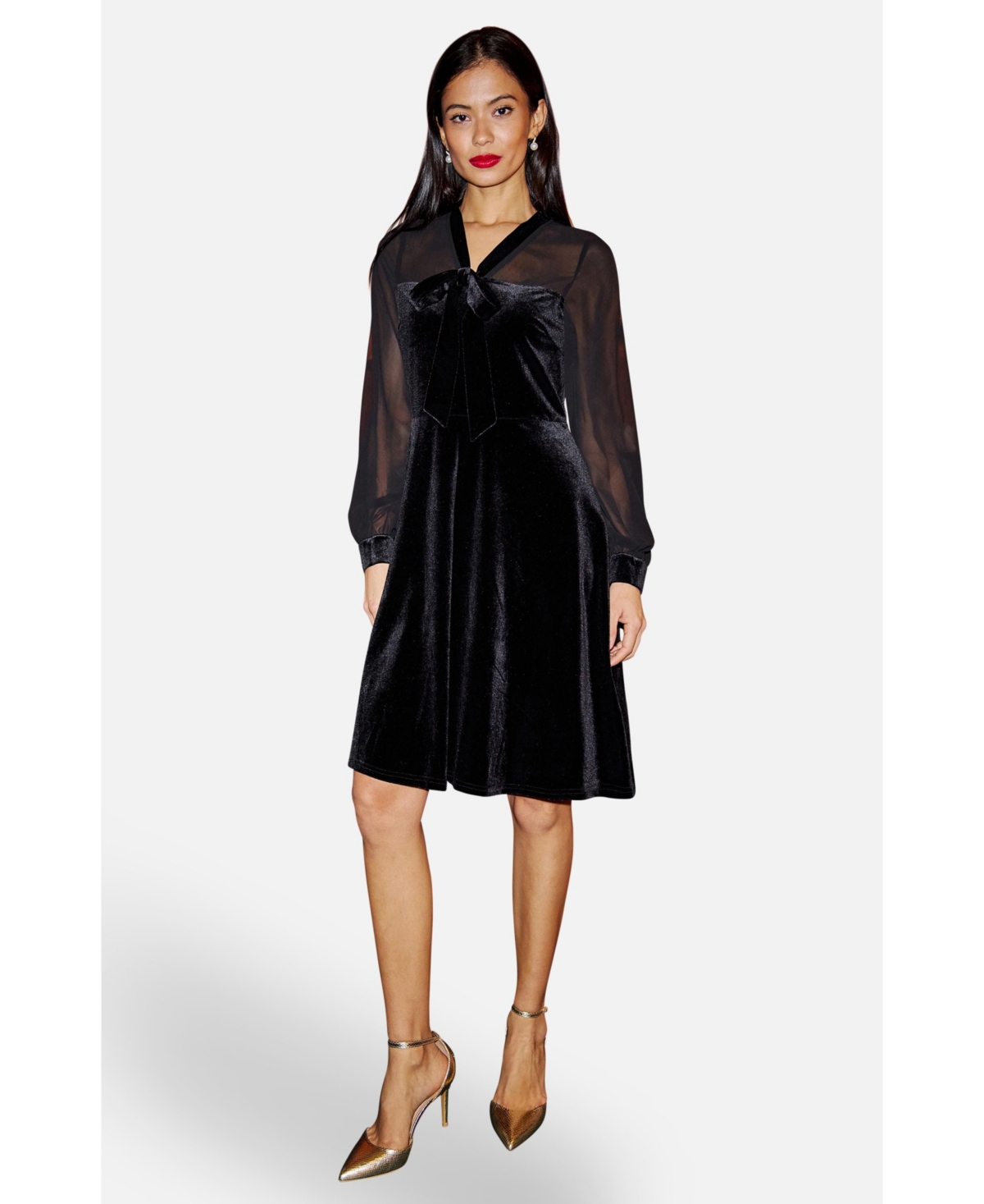 Yumi Women's Velvet Sheer Sleeves Skater Dress