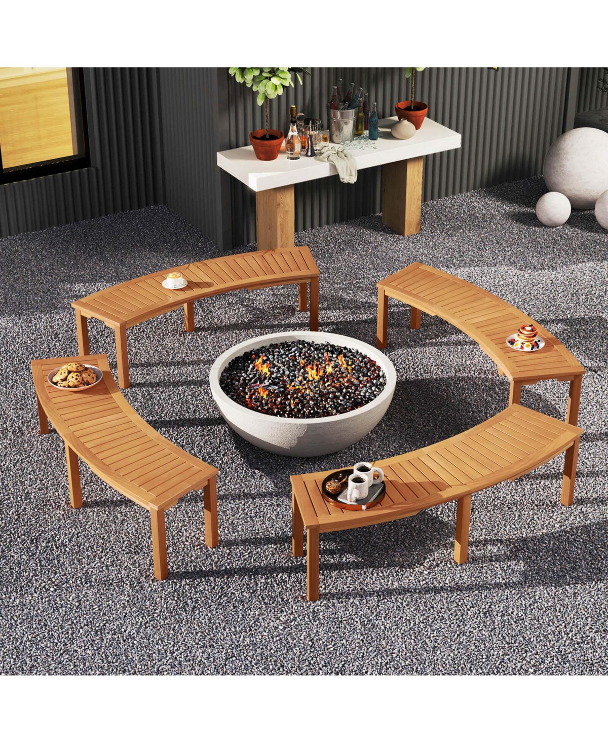 4 Pcs Outdoor Curved Bench with Slatted Seat Solid Acacia Wood for Yard