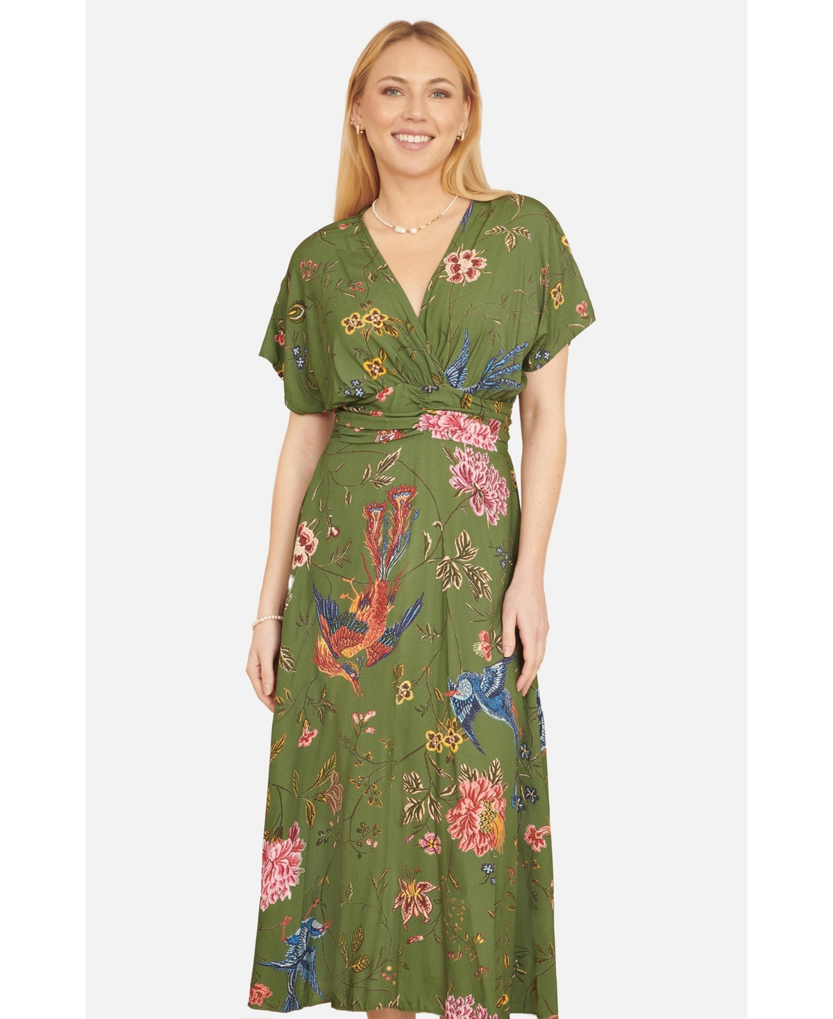 Yumi Women's Ruched Waist Kimono Sleeve Midi Dress