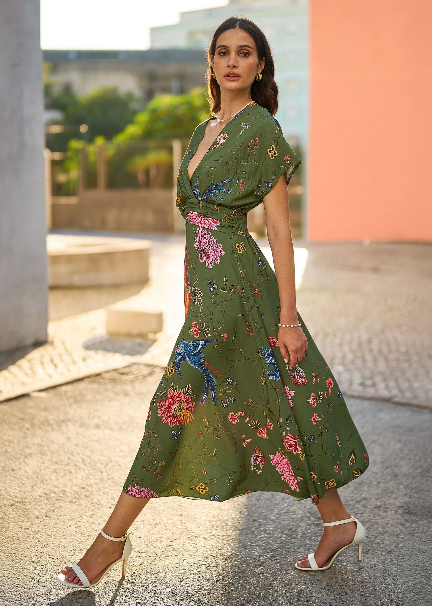 Women's Ruched Waist Kimono Sleeve Midi Dress